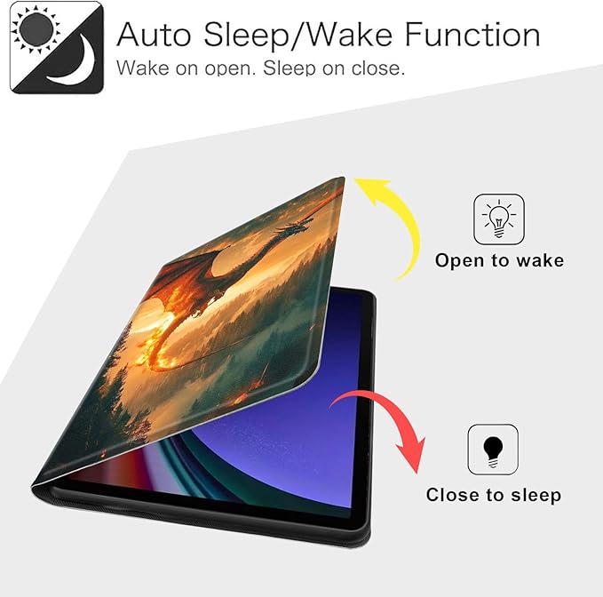 Case for Samsung Galaxy Tab S10 FE/ S9 FE 5G 10.9 Inch/Tab S9 11 Inch, Slim PU Leather Stand Cover with Auto Wake/Sleep, Multi-Angle Viewing & Shockproof, Dragon Forest Flames