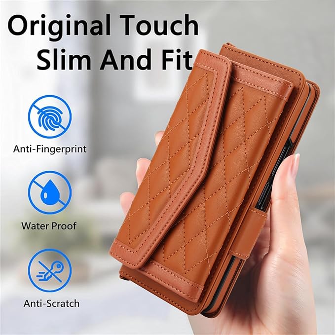 for Samsung Galaxy Z Fold 7 Wallet Case - Stitching Pattern RFID Blocking Card Holder, S Pen Slot Crossbody Strap, Full Body Protection Flip Cover for Women Brown