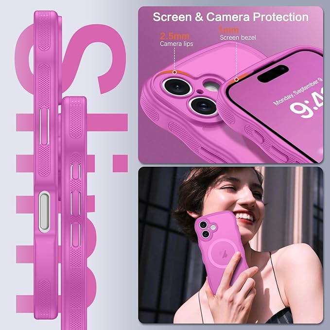 BENTOBEN for iPhone 16 Case Cute, Curly Wave iPhone16 Phone Case [Compatible with MagSafe], [Full Camera Protection] Slim Shockproof Translucent Matte 16 Magnetic Cover for Women Girls, Berry Pink