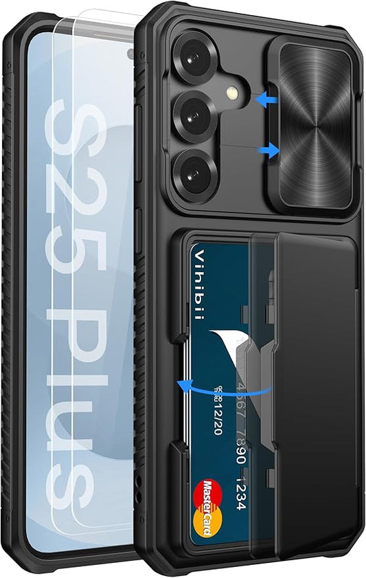 Vihibii for Samsung Galaxy S25 Plus Case with Card Holder (4 Cards), Built-in 2X Tempered Glass Screen Protector & Slide Camera Cover, Rugged & Shockproof Phone Case for S25 Plus, Black