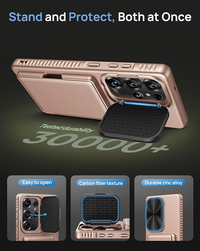 for Samsung Galaxy S25 Ultra Case with Card Holder & Camera Lens Cover Stand, Military Grade Drop Protection Shockproof Rugged Wallet Protective Phone Case for S25 Ultra 6.9" 2025, Rose Gold