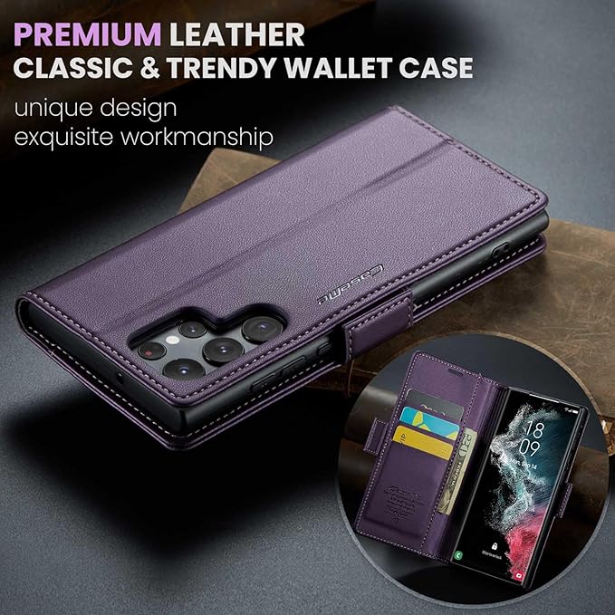 Case for Samsung Galaxy S22 Ultra Wallet Case, RFID Blocking PU Leather Flip Folio Cover Card Holder Kickstand Shockproof Phone Case Compatible with Samsung Galaxy S22 Ultra, Purple