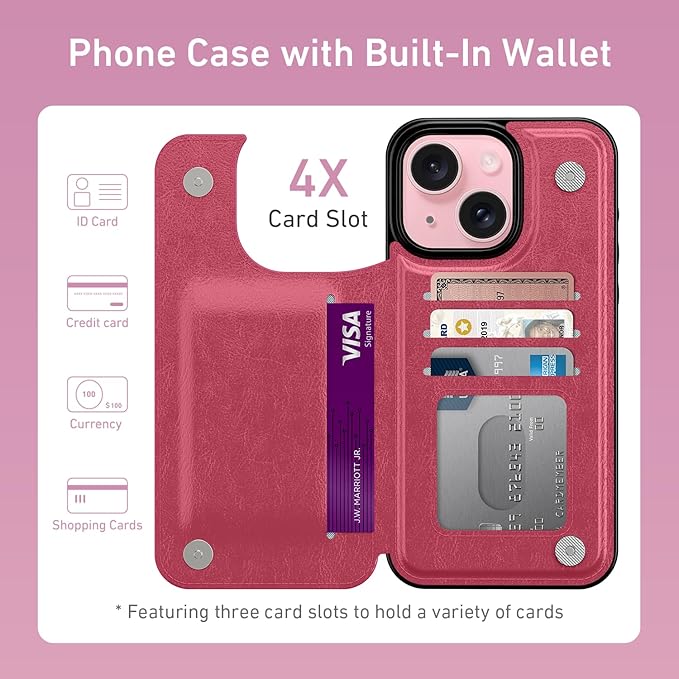 FUNMIKO for iPhone 15 Plus Wallet Case with Card Holder, RFID-Blocking, Military-Grade Protection & UV-Printed Artwork, Magnetic Closure with Leather Kickstand - Hot Pink