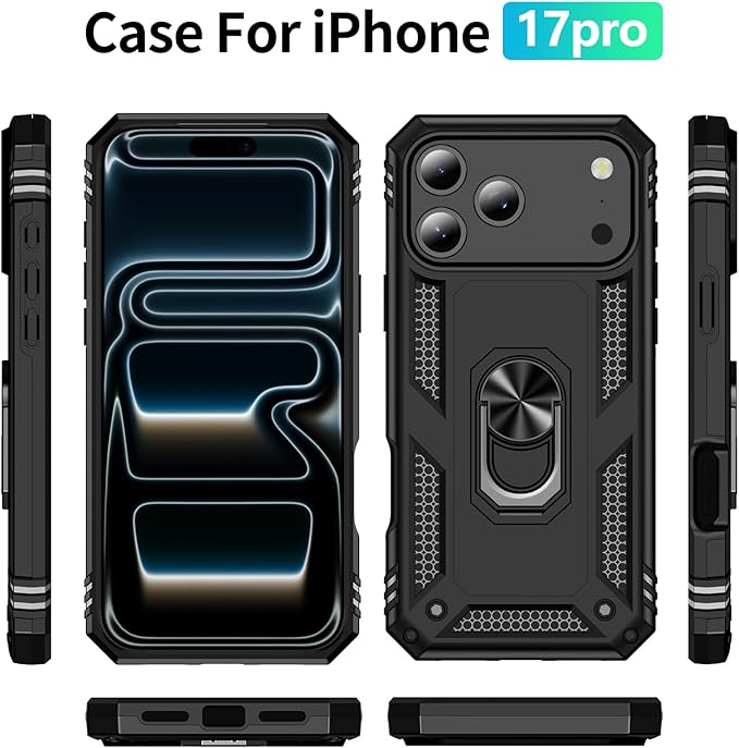 ADDIT Compatible with iPhone 17 Pro Case with Tempered Glass Screen Protector, Adjustable Kickstand Ring, Military-Grade Heavy Duty Protection, Shockproof, Anti-Fingerprint, Black