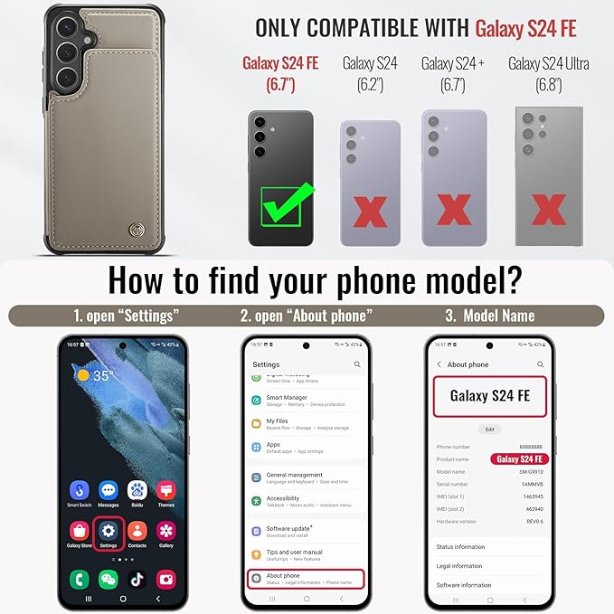 Vinich for Samsung Galaxy S24 FE Wallet Case with Card Holder, RFID Blocking Credit Slots Kickstand Shockproof Phone Cover for Women Men, Gray