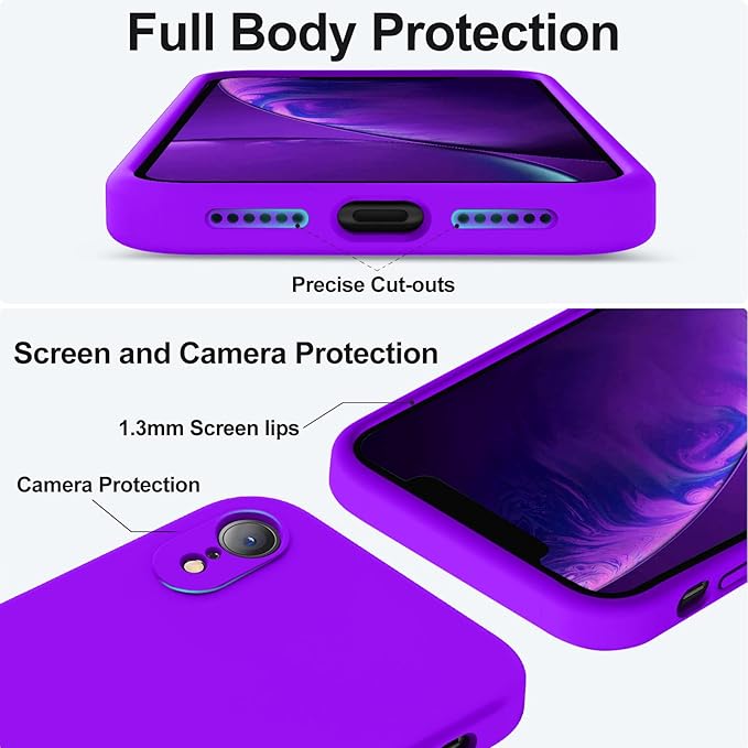 Vooii Compatible with iPhone XR Case, Upgraded Liquid Silicone with [Flat Edges] [Camera Protection] [Soft Anti-Scratch Microfiber Lining] Phone Case for iPhone 10 XR 6.1 inch - Neon Purple