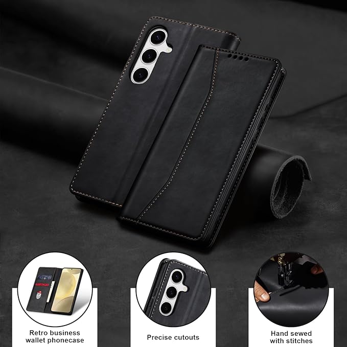 Jasonyu Flip Wallet Case for Samsung S24 5G,Leather Magnetic Folio Cover with Card Holder,Kickstand - TPU Shockproof Durable Protective Phone Case,Black