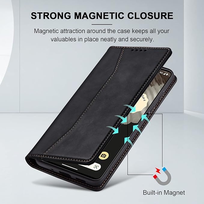 Jasonyu Flip Wallet Case for Google Pixel 7 Pro 5G,Leather Magnetic Folio Cover with Card Holder,Kickstand - TPU Shockproof Durable Protective Phone Case,Black