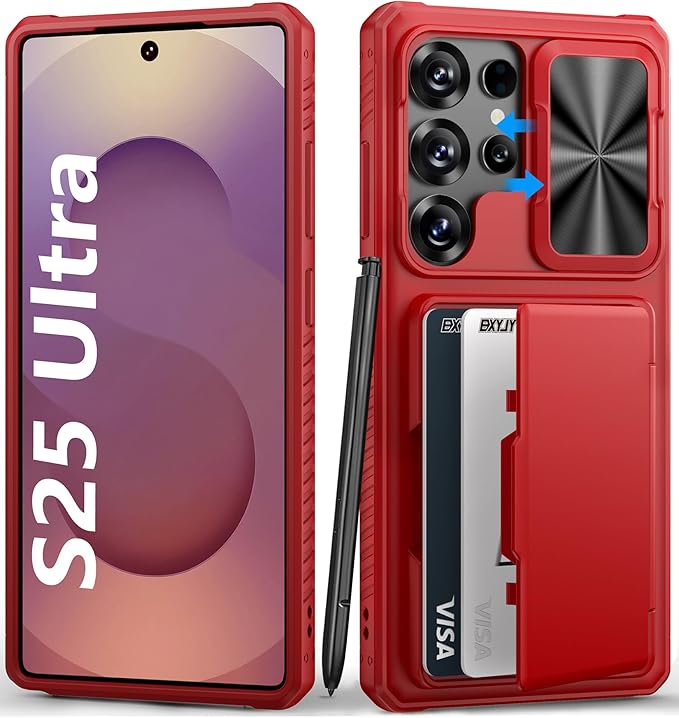 for Samsung Galaxy S25 Ultra Case Wallet, Card Holder (4-5 Cards), RFID Block, Slide Camera Cover & Military Grade Drop Proof, Heavy Duty Men Women Phone Cases for Samsung Galaxy S25 Ultra, Red