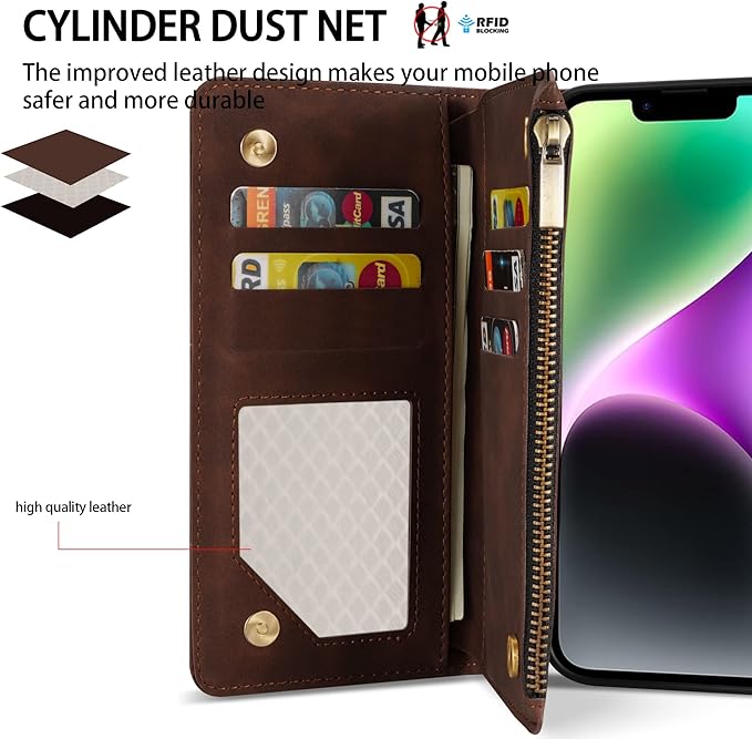 ZZXX for iPhone 14 Case Wallet with [RFID Blocking] Card Slot Premium Soft PU Leather Zipper Flip Folio with Wrist Strap Kickstand Protective Phone Cover for iPhone 14 Wallet Case(Coffee-6.1 inch)