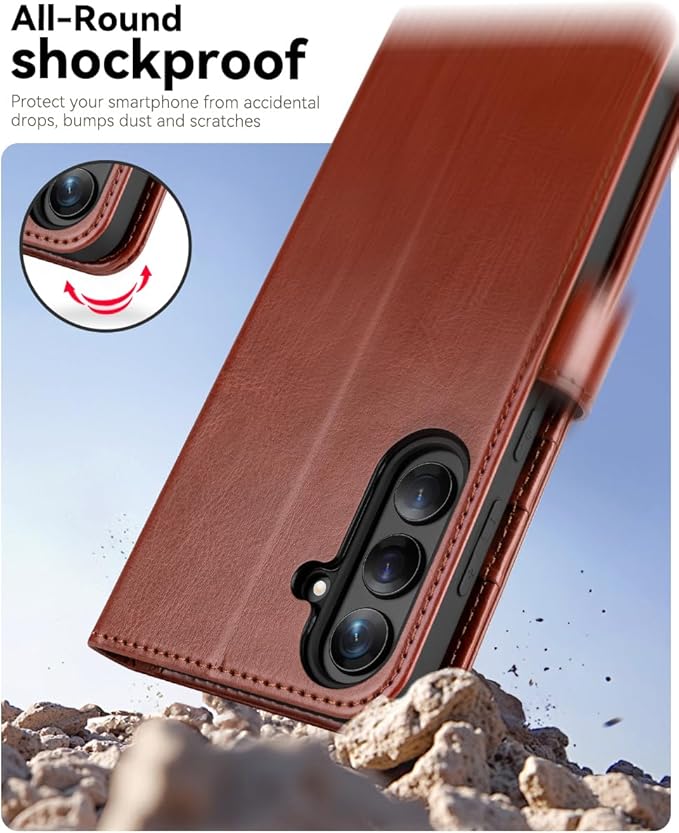 OCASE Compatible with Galaxy S25 FE Wallet Case, PU Leather Flip Folio Case with Card Holders RFID Blocking Kickstand [Shockproof TPU Inner Shell] Protective Phone Cover 2025, Dark Brown