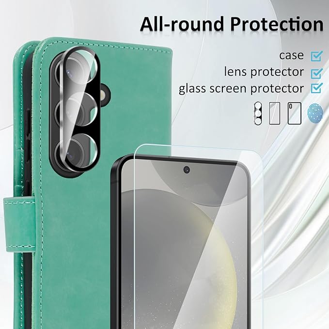 MONASAY Wallet Case Fit for Samsung Galaxy S24+ Plus 5G, [Lens & Glass Screen Protector Included] [RFID Blocking] Flip Folio Leather Cell Phone Cover with Credit Card Holder，6.7 inch, Mint