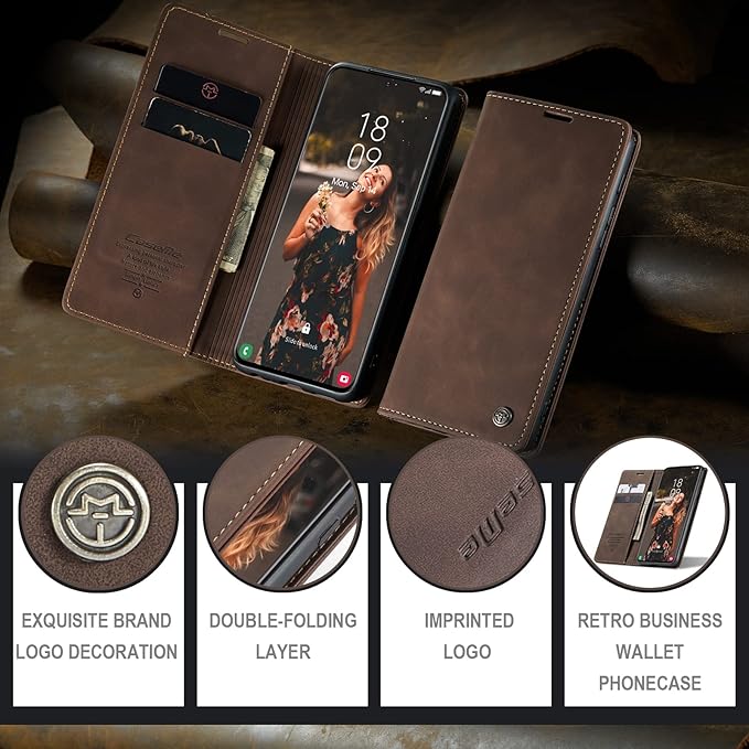 for Samsung Galaxy S21 FE Case, Flip Wallet Leather Case with Card Holder Magnetic Closure Shockproof Kickstand Protective Phone Cases Cover for Samsung S21 FE,Coffee