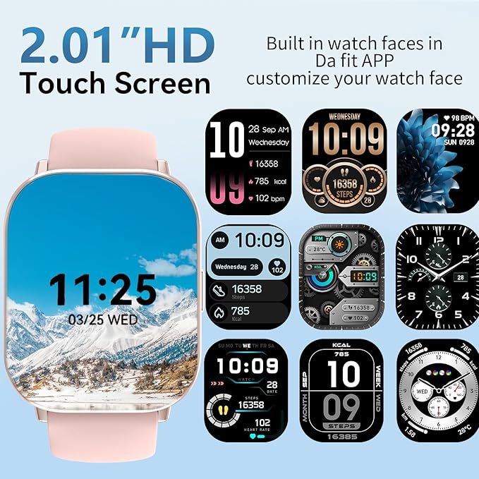 Smart Watch for Men and Women, 2.01-inch HD Touch Screen, 120+ Sports Modes/IP67 Waterproof/Heart Rate/Sleep Monitoring (Answer/Make Calls), for Android/iOS (Pink)
