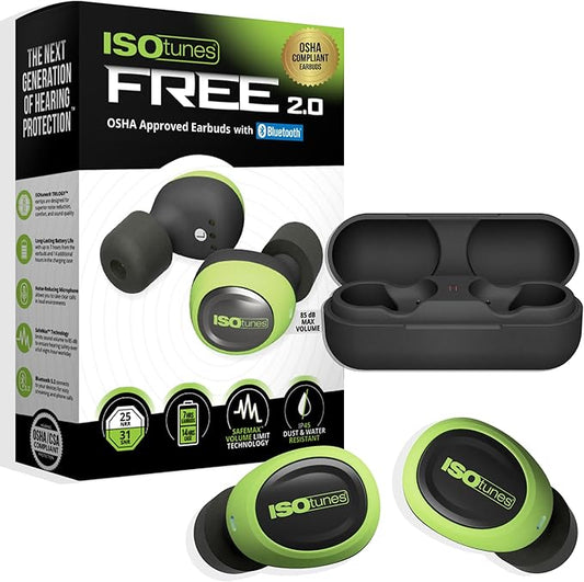 ISOtunes Free 2.0 Bluetooth Hearing Protection Earbuds - 25 dB NRR OSHA Approved Earbuds, Wireless Bluetooth Earplug Headphones for Work