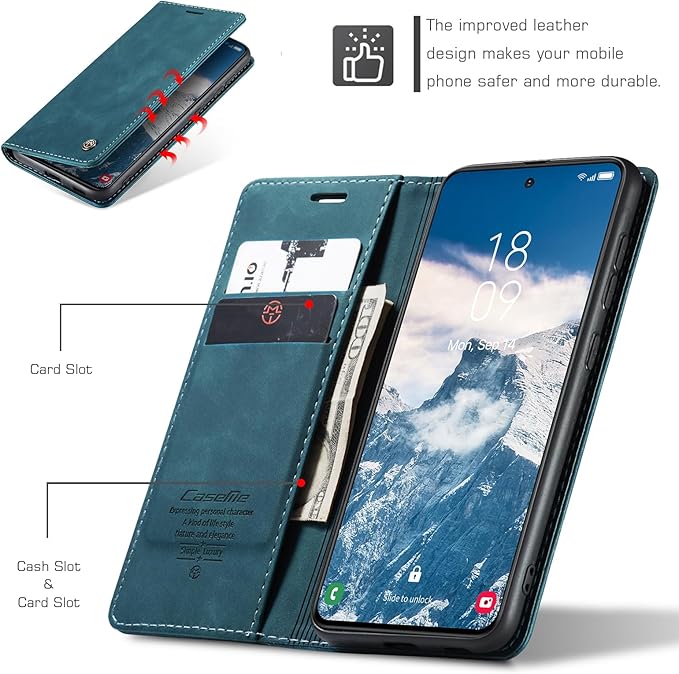 for Samsung Galaxy S24 FE 5G Case, Flip Wallet Leather Case with Card Holder Magnetic Closure Shockproof Kickstand Protective Phone Cases Cover for Galaxy S24 FE, Blue-Green