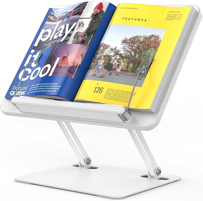 BESIGN BS01 Book Stand for Reading, Adjustable Book Holder, Ergonomic Laptop Stand with Elastic Page Clips for Music Scores, Recipe, Tablet, Laptop (White)