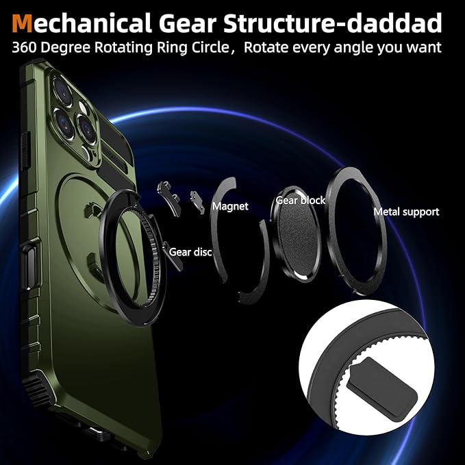 for iPhone 16 Pro Case Magnetic Compatible with Wireless Charging,16 Pro Phone Case with 2 Screen Protector,Built-in Kickstand Ring Military Grade Drop Shockproof Heavy Duty Protection Green