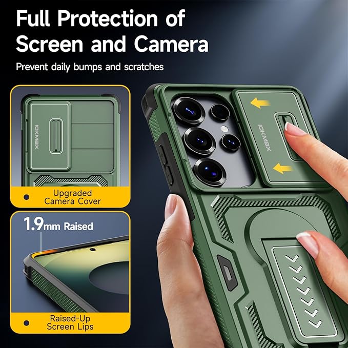 for Samsung Galaxy S25 Ultra Case with 2*Screen Protector, Slide Camera Cover, Kickstand, Lanyard Strap, Military Grade Shockproof Protective Heavy Duty Non-Slip for S25 Ultra Case-6.9'', Green