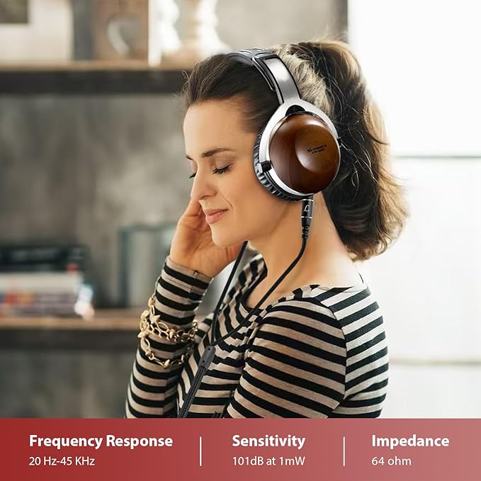 Over Ear Pine Wood Headphones, Hi-Res Audio with 50mm Dynamic Driver, Closed-Back, 3.5mm Wired Jack, DAC, Luxurious Silver Velour Earpads for Audiophiles, Podcasts, Home Audio Systems