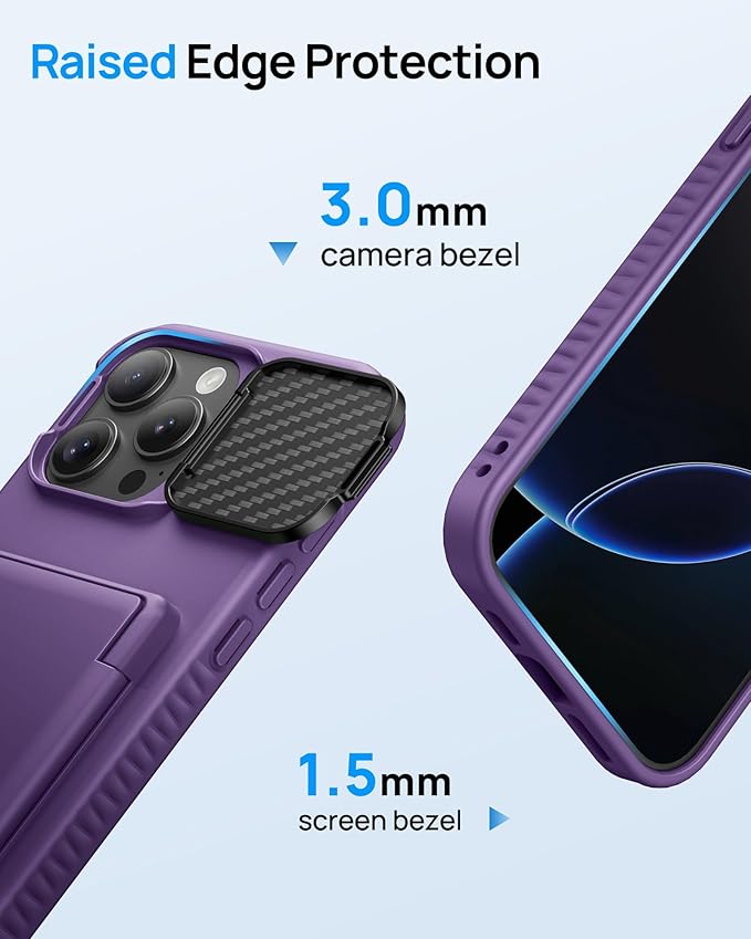 for iPhone 16 Pro Max Case with Kickstand & Card Holder & Camera Lens Cover, Military Grade Drop Protection Shockproof Rugged Stand Phone Cover Case for iPhone 16 Pro Max 6.9", Purple