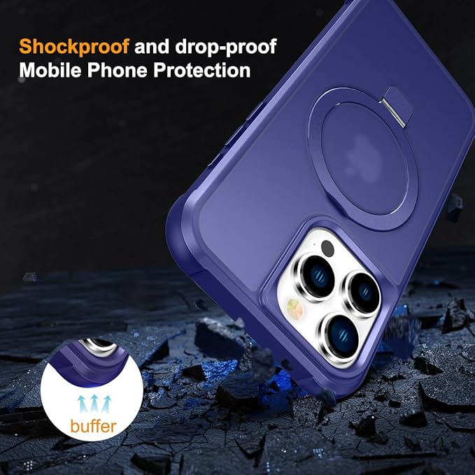 Magnetic Compatible with iPhone 16 Pro Case with Stand [Military Grade Drop Tested][Compatible with Magnet] Ring Translucent Slim Hard Back Soft Edge, Blue