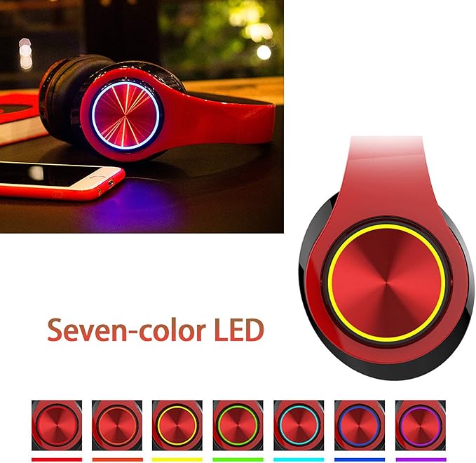 Wireless Bluetooth Headphones with Colorful LED Lights, Built-in Mic, Light Weight, Foldable, Wired HiFi Stereo Headphones for Classroom/Home Office/PC/Mobile Phone/Kids Adult (Red Black)