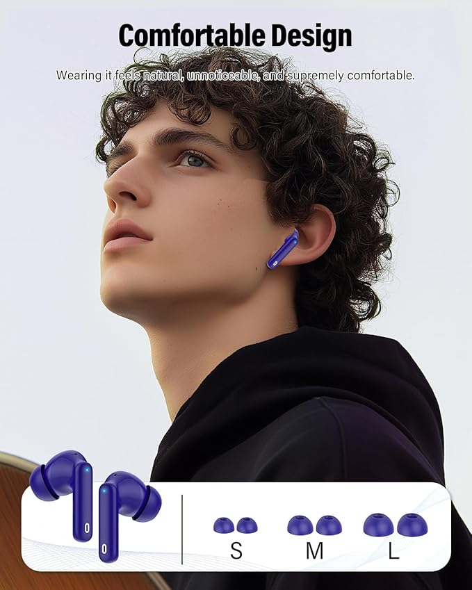 Wireless Earbuds, Bluetooth 5.4 Headphones Bass Stereo, Ear Buds with Noise Cancelling Mic, IP7 Waterproof in Ear Earphones, 36H LED Display Bluetooth Earbuds for Laptop Pad Phones Sports, Dark Blue