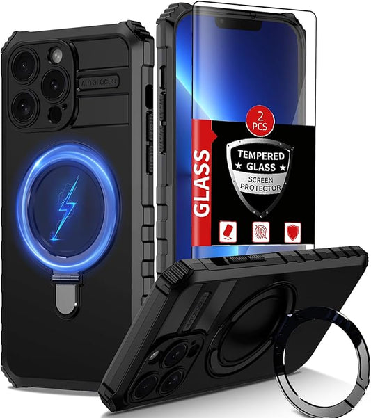 for iPhone 13 Pro Case Magnetic Compatible with MagSafe Wireless Charging,with 2 Screen Protector,with Kickstand Ring Shockproof Shock-Absorbent Heavy Duty Protection Scratch Resistant Black