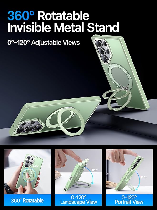 QTlier Phone case for Galaxy S25 Ultra- 360 Rotatable Magnetic Ring Stand, Military-Grade Protection, Raised Camera Frame