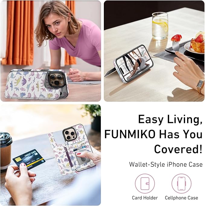 FUNMIKO for iPhone 16 Pro Max Wallet Case with Card Holder, RFID-Blocking, Military-Grade Protection & UV-Printed Artwork, Magnetic Closure with Leather Kickstand - Vibrantly Cute Dinosaur