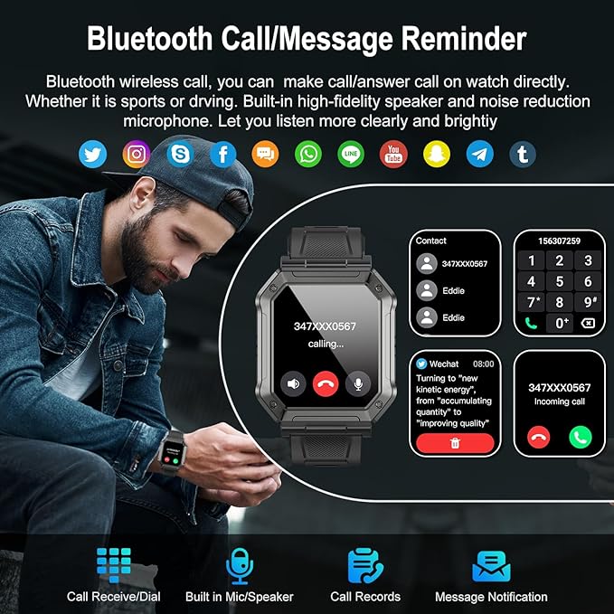 Smart Watch for Men Fitness Tracker: Military Smart Watches for Men Digital Mens Watches Make/Answer Call Running Waterproof Smartwatch Android Phones iPhone Samsung Compatible Heart Rate Monitor