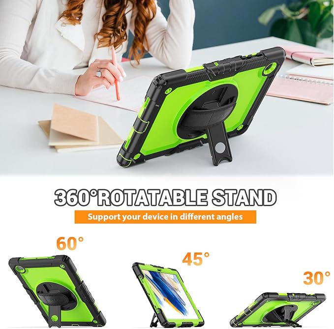 SEYMAC for Samsung Galaxy Tab A8 Case 10.5 Inch (SM-X200/ X205/ X207), Heavy Duty Full-Body Shockproof Protective Case with Screen Protector, Rotating Stand, Hand/Shoulder Strap and Pen Holder, Green