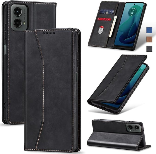 Jasonyu Flip Wallet Case for Moto G 5G (2024),Leather Magnetic Folio Cover with Card Holder,Kickstand - TPU Shockproof Durable Protective Phone Case,Black
