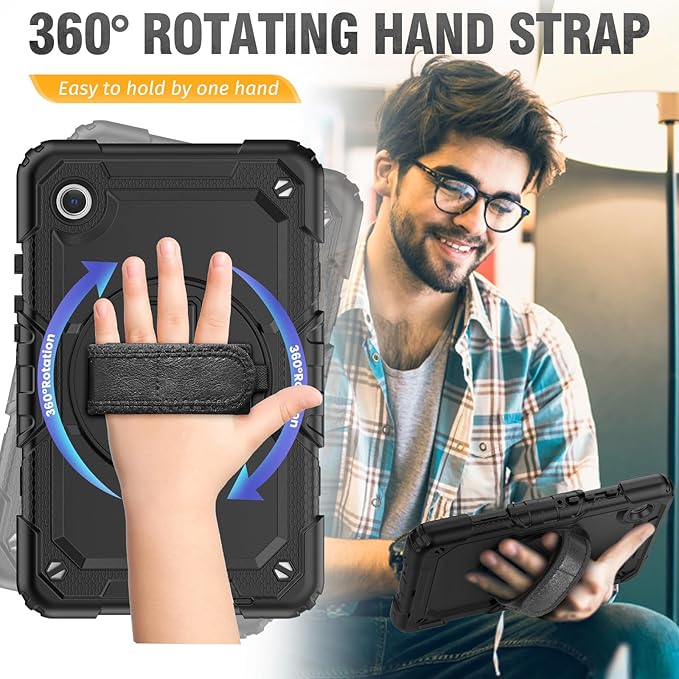 HXCASEAC Case for Samsung Galaxy Tab A9 8.7 Inch, Protective with Screen Protector/Hand Strap/Pen Holder, Sturdy Shockproof for Samsung A9 Tablet Case SM-X110 SM-X115 SM-X117 - Black
