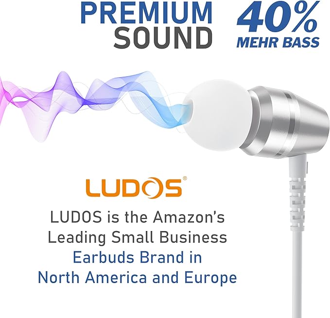 LUDOS OMNITONE Wired Earbuds in-Ear Headphones, 5 Years Warranty, Earphones with Microphone, 3.5 mm Jack Corded Ear Buds, Videoconference for iPhone, Samsung, Laptop, Kids, School Students - White