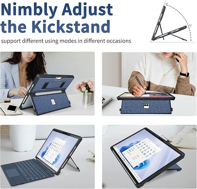 SSSGRGB Case fit Microsoft Surface Pro 11/10/9/8 13-Inch, with Stent Cover, Hand Strap, All-in-one Rugged Case Compatible with Type Cover Keyboards, Navy Blue