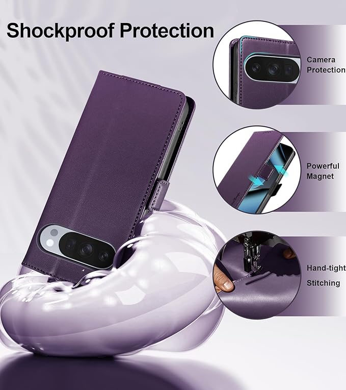 Wallet Flip Case for Google Pixel 10/10 Pro 5G - [RFID Blocking] Luxury PU Leather Card Holder Magnetic Phone Cover with Kickstand,Shockproof Protective Case,Purple