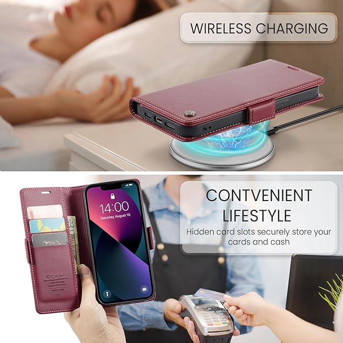 for iPhone 14 Case, Premium PU Leather Wallet Case Flip Cover with [RFID Blocking][Card Holder][Stand Function] Shockproof Protective for iPhone 14 6.1 inch, Red