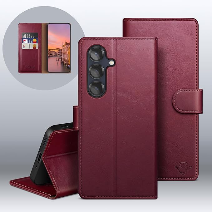 Wallet Case for Samsung Galaxy S25 5G Magnetic Flip Leather Folio Cover with RFID-Blocking Credit Card Holder, Women Men Protective Phone Case Compatible with Samsung S25, Wine Red