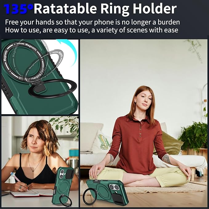 for iPhone 16 Case Magnetic Compatible with MagSafe Wireless Charging,with 2 Screen Protectors,for 16 Case Built-in Kickstand+Camera Cover Anti-Scratch Shockproof Heavy Duty Protection Green