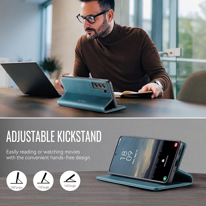 Wallet Case for Samsung Galaxy S21 Leather Wallet Flip Cover with Card Holder, Kickstand, Magnetic Closure, RFID Blocking TPU Shockproof Phone Case Compatible with S21, Blue-Green