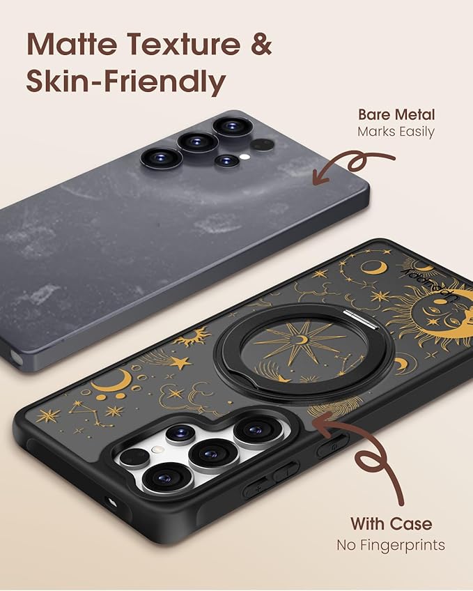 for Samsung Galaxy S25 Ultra Case with 360° Rotatable Magnetic Ring - Compatible with MagSafe, Semi-Transparent Soft-Touch Material Shockproof, Cute Sun Moon Star Design for Women Girl