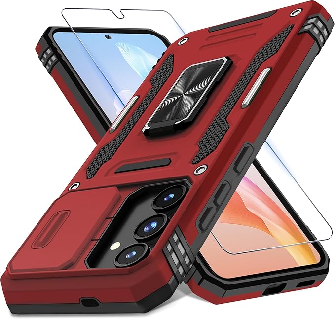 DEERLAMN Case for Samsung Galaxy S25 6.2-Inch with Slide Camera Cover+Screen Protector (1 Pack), Rotated Ring Kickstand Military Grade Shockproof Protective Cover-Red
