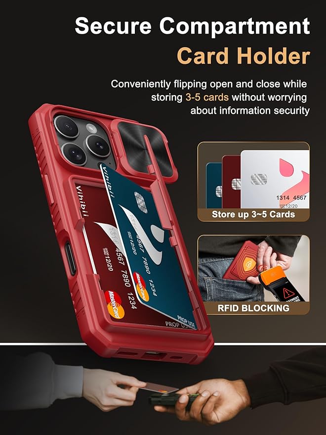 Vihibii for iPhone 16 Pro Wallet Case with Card Holder (4 Cards) [RFID Blocking] & Slide Camera Cover & Raised Edges Protect Screen, Shockproof Rugged Phone Cover for iPhone 16 Pro 5G 6.3" 2024, Red