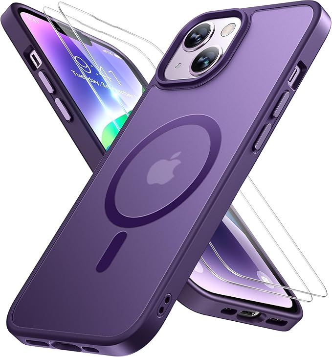 Miracase Magnetic for iPhone 14 Case 6.1 inch (Compatible with MagSafe)（with 2X Screen Protectors） Military-Grade Protection, Anti-Fingerprint Translucent Matte Phone Case Cover, Dark Purple
