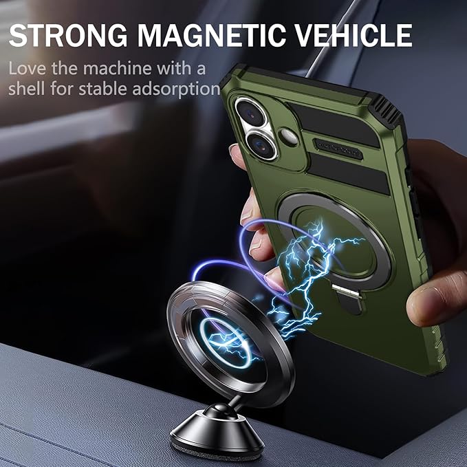 for iPhone 16 Plus Case Magnetic Compatible with MagSafe Wireless Charging,with 2 Screen Protector,with Kickstand Ring Shockproof Shock-Absorbent Heavy Duty Protection Scratch Resistant Green