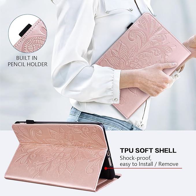 Case for Lenovo Tab M11 (TB-330FU/330XU) 11" 2024, Embossed Lace PU Leather Flip Folio Stand Cover Case with Elastic Band Card Slots Pen Holder & Multiple Viewing Angles- Rose Gold