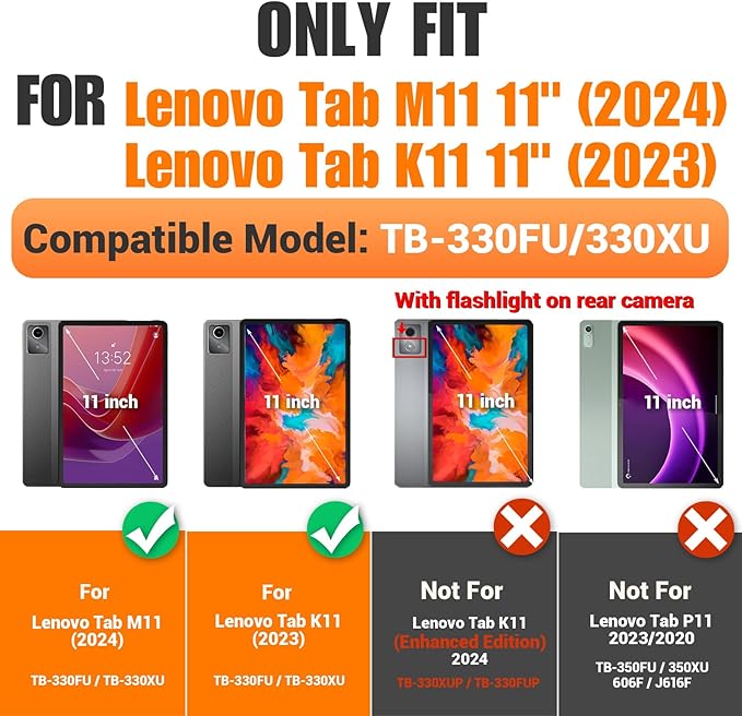 SEYMAC stock Tablet Case for Lenovo Tab M11 (TB-330FU/TB-330XU) 11 inch Drop-Proof Protection Cover with 360° Rotate Stand & Strap [Pen Holder] & Screen Protector/K11/Xiaoxin Pad 2024, Black