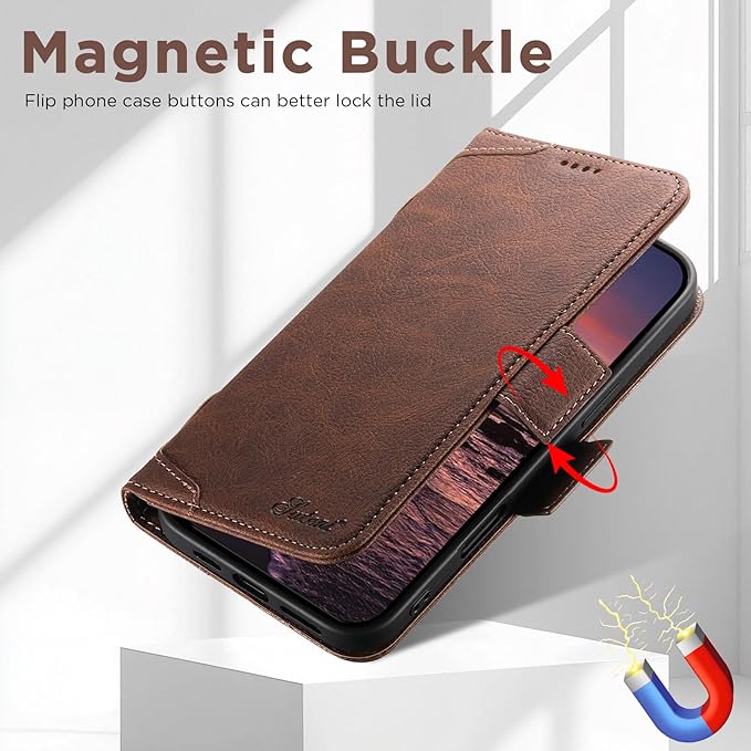 Leather Magnetic Wallet Case for iPhone17 Pro Max Compatible with MagSafe & Wireless Charging, 3 Card Slots & ID Holder, Kickstand, 360° Military Shockproof Protection Premium Brown
